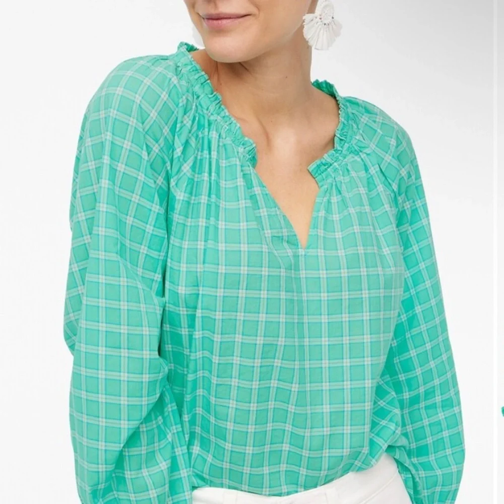 J. Crew Green Plaid Ruffled Neck Long-Sleeve Blouse
